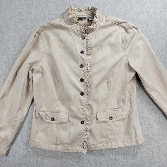 Chico's Womens Jacket Size 1 Beige Mock Neck Button Up Ruffled Trim Long Sleeve - Picture 3 of 16